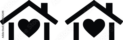 Black house icons with heart symbols representing love, care, and family concept for home, real estate, and charity design