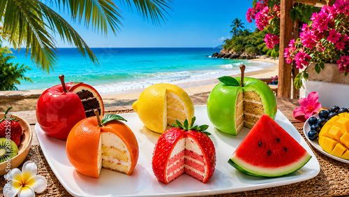 Tropical Fruit Shaped Cakes on Beach Vacation Background
