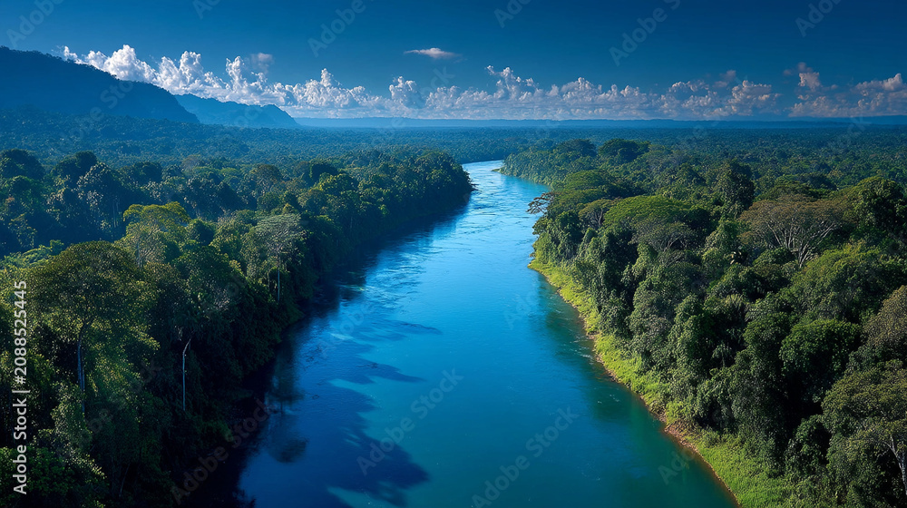 Fototapeta premium Aerial view of a winding blue river flowing through a lush dense rainforest with rainforest