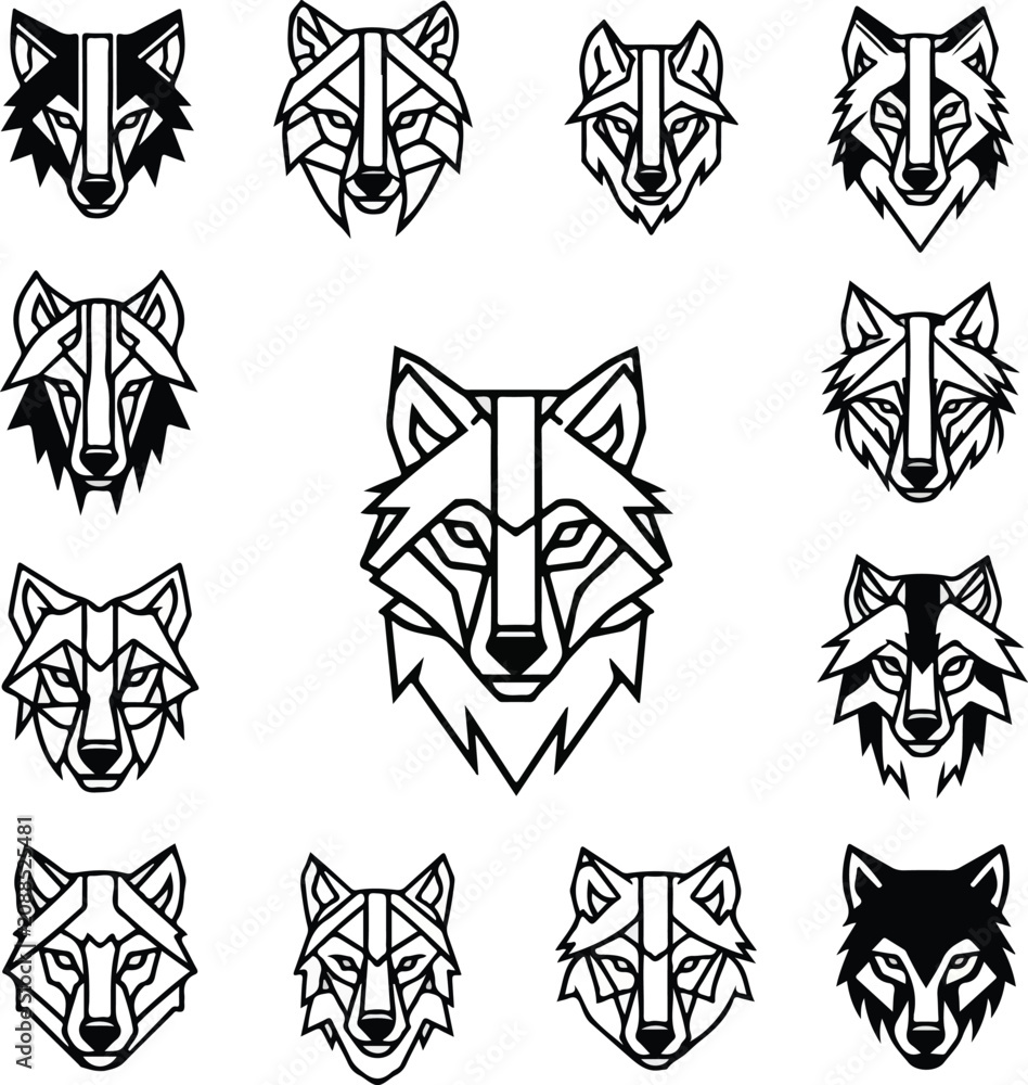 Fototapeta premium Collection of stylized geometric wolf head illustrations in black and white.