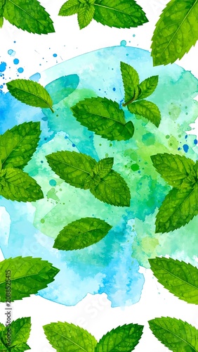 Fresh Green Mint Leaves Arranged Over Blue Watercolor Background