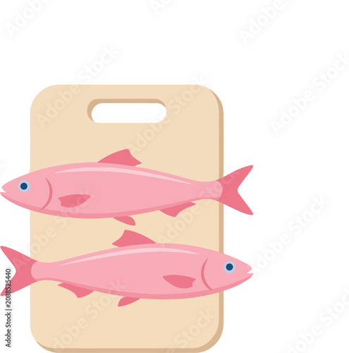 Two pink fish on beige cutting board with handle representing seafood preparation and cooking concept for culinary vector design