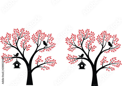 Stylized trees with red leaves, perched birds, and hanging birdhouses representing nature and wildlife concept for decorative vector design
