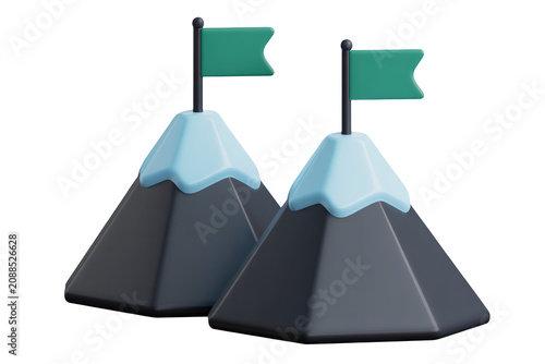 3D mountain icons, flag on mountain, cartoon peaks, achievement symbols