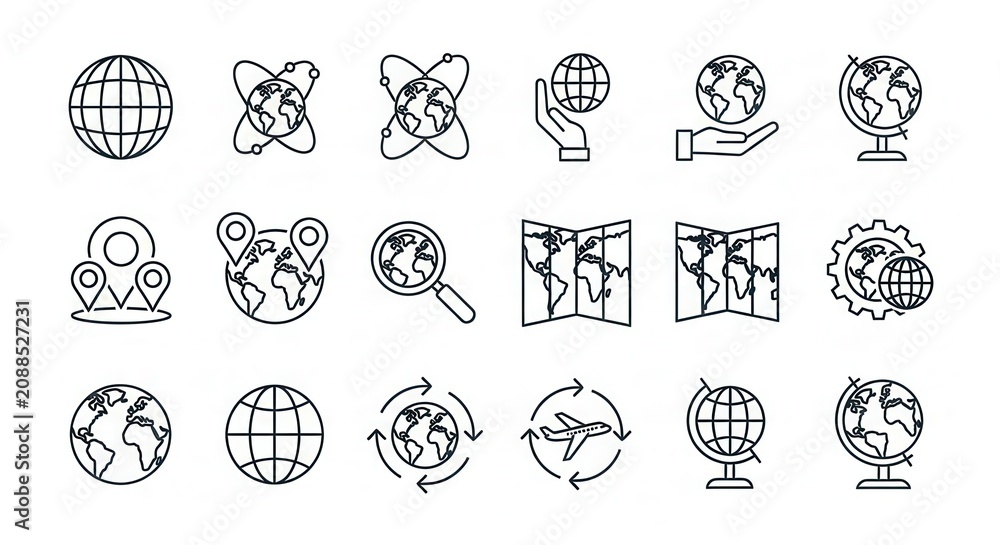 Fototapeta premium Set of Global Earth and Travel Line Icons for Geography, Logistics, and Environmental Concepts - Vector Illustration