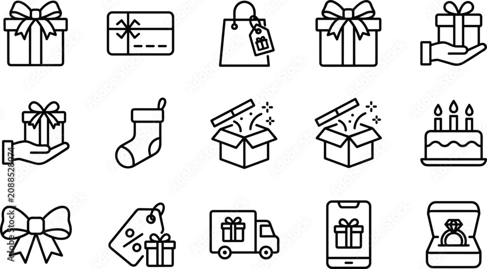 Fototapeta premium Online shopping retail store holiday gift promotion and package delivery thin line icons set on white background