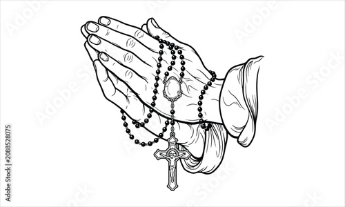 Detailed line drawing of hands clasped in prayer with rosary christianity religion devotion