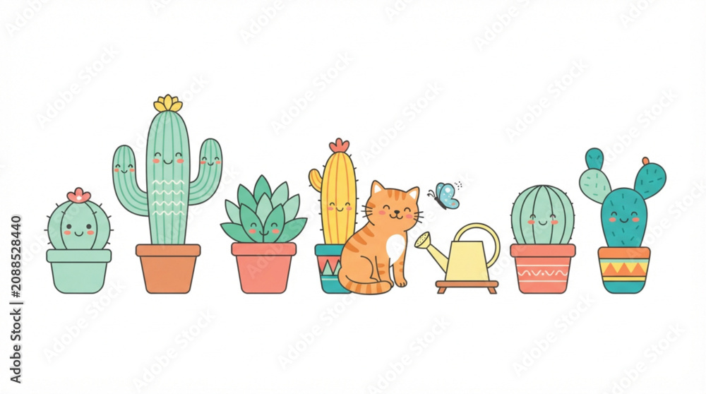 Fototapeta premium Cute cartoon cactus plants and cat vector set playful succulent characters illustration