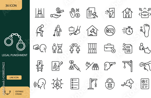 Legal Punishment Line Icons Set, Justice System and Criminal Penalty Outline Symbols. Vector Illustration