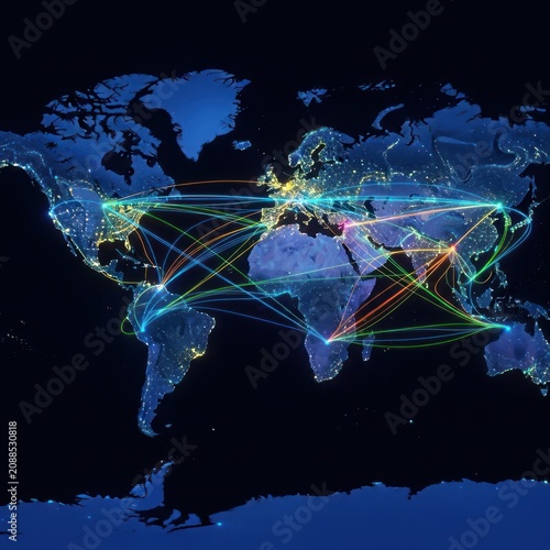 Global network connections visualized on a dark world map background