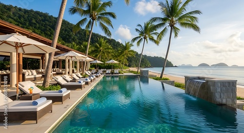 Luxury Beach Resort with Infinity Pool and Palm Trees.