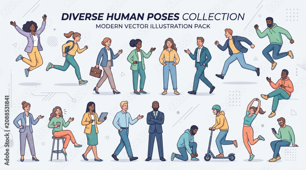 Naklejka premium Diverse human poses collection modern vector illustration pack for business and lifestyle concepts isolated on white background
