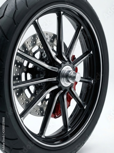 closeup of modern motorcycle wheel with black rim, silver spokes, brake disc, and red caliper against white background. custom bike parts, automotive repair, transportation design.