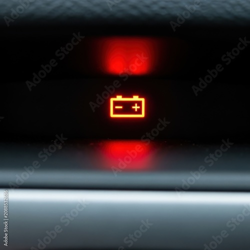 Illuminated red battery warning light closeup on a dark background