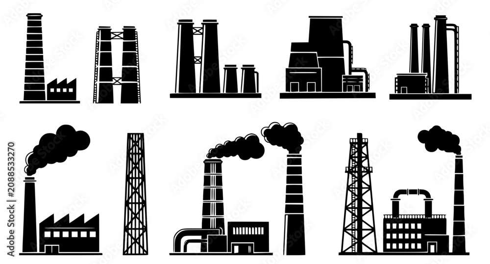 Obraz premium Industrial Factory Silhouette Vector Icon Set