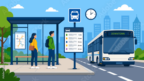Vászonkép Two commuters wait patiently at a city bus stop