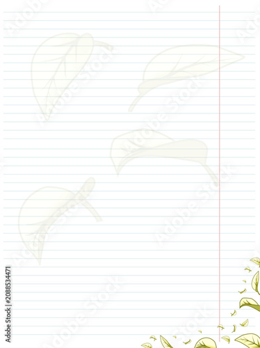 A lined paper template featuring a border of autumn leaves in the bottom right corner