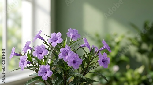 Beautiful dwarf mexican petunia plant featuring vibrant purple trumpet-shaped flowers indoors against a soft green background with natural sunlight