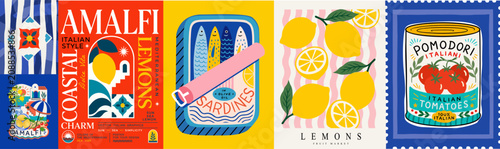Amalfi. Italian summer. Vector naive illustrations of lemons on a striped background, sardines, tomatoes, Mediterranean tiles, travel, postage stamp and food for poster, postcard, card or wall art.