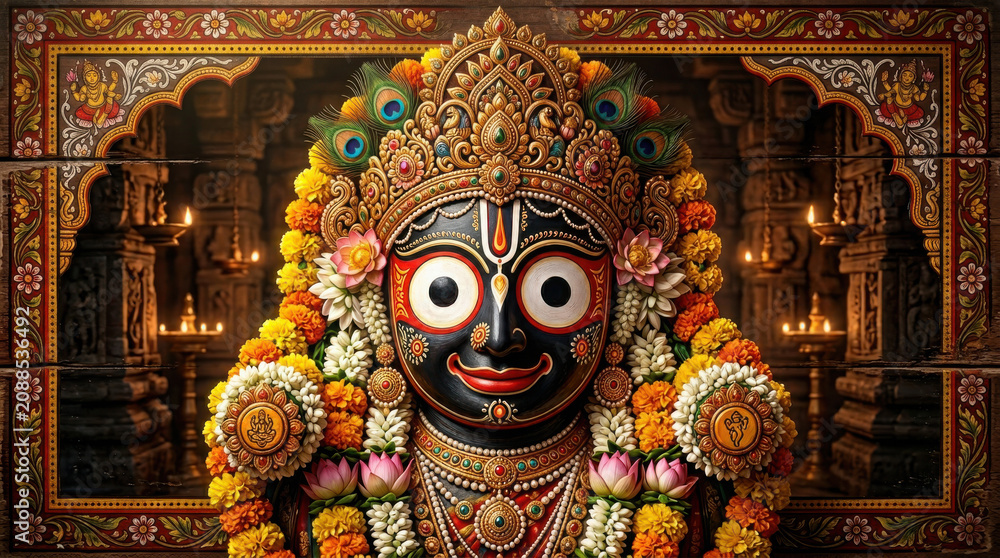 Fototapeta premium Ornate portrait of lord jagannath decorated with colorful flowers and peacock generated using ai