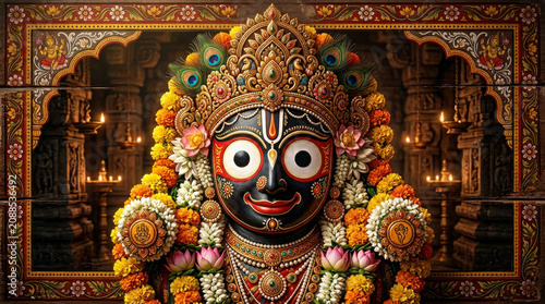 Ornate portrait of lord jagannath decorated with colorful flowers and peacock generated using ai