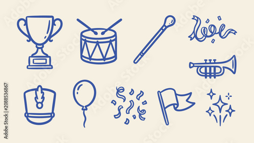 Fotografía Marching band and parade vector icon set featuring drum trumpet trophy shako hat