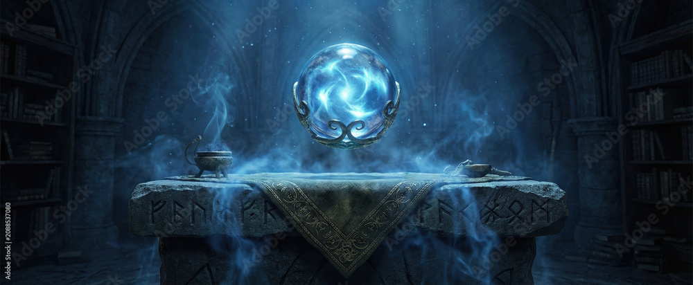 Naklejka premium glowing blue magical orb hovering over ancient stone altar with runes in dark room. swirling light, mystical smoke, wizard library. fantasy concept art, background, banner, website header.