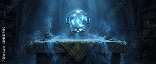 glowing blue magical orb hovering over ancient stone altar with runes in dark room. swirling light, mystical smoke, wizard library. fantasy concept art, background, banner, website header.