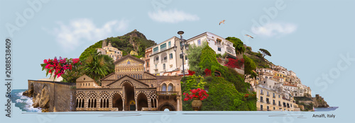 Amalfi, located on the Amalfi Coast, with its azure sea and beautiful colorful cliffside houses - Collage