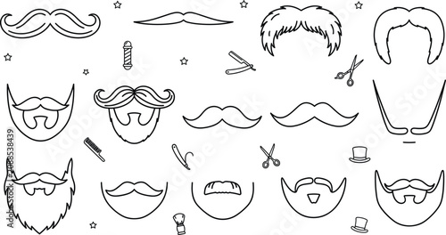 Tableau sur toile Barbershop beard and mustache line art icons with mens grooming barber pole stra