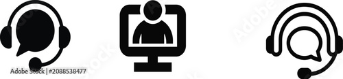 Modern communication icons set with headphones and video call