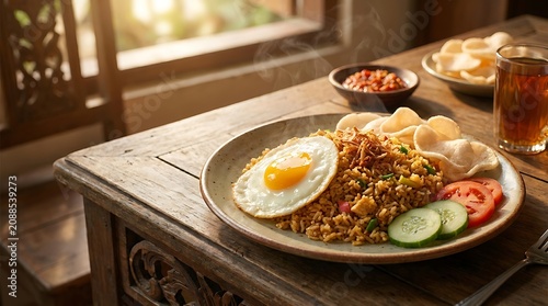 Delicious plate of indonesian fried rice with a fried egg and fresh vegetables on a wooden table. Basic Indonesian Dish