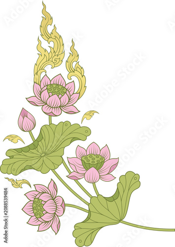 Pink Lotus flower and lotus leaf asia style vector illustation