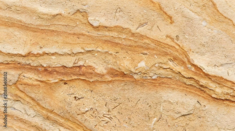 Naklejka premium Natural sandstone rock surface with horizontal layers and earthy tones, North America.
