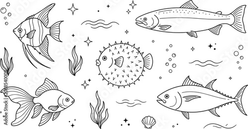 Canvastavla Fish and marine life line art icons with pufferfish goldfish angelfish tuna salm