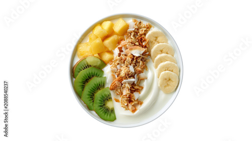 Yogurt bowl with fresh tropical fruits granola and sliced banana served in a white bowl on transparent background