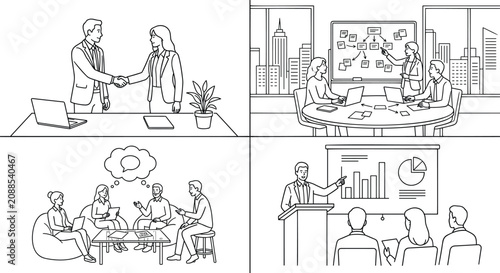 Business concepts set with handshake strategy presentation meeting and teamwork workflow in modern office line art vector illustration.