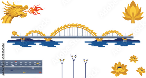 Da Nang Dragon Bridge vector elements set featuring golden fire breathing dragon head, iconic bridge over river water, multi lane highway road, street lights, and yellow lotus flower icons.