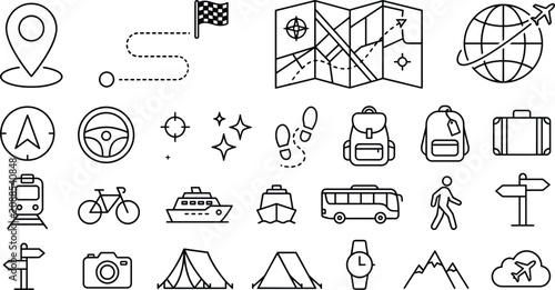 Bild auf Leinwand Travel and tourism navigation icons with map location pointer transit vehicles a
