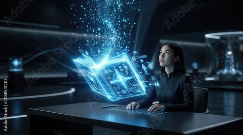 A visionary student explores an advanced holographic digital encyclopedia within a high tech futuristic research laboratory during a late night study session