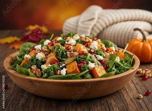 A rustic wooden table holds a salad in a wooden bowl. The dish features kale (Brassica oleracea), spinach (Spinacia oleracea), roasted butternut squash (Cucurbita moschata), walnuts (Juglans regia).
