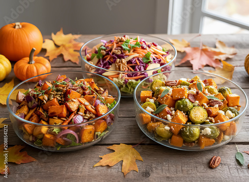 Three glass bowls filled with colorful autumn salads are arranged on a rustic wooden table.