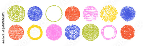Fotografie Colorful crayon and brush stroke circles with textured paint effects, featuring hand-drawn dots, sketchy lines, and artistic doodle elements