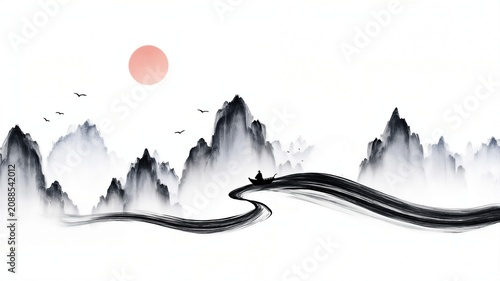 Ink Wash Landscape With Lone Boat And Mountains