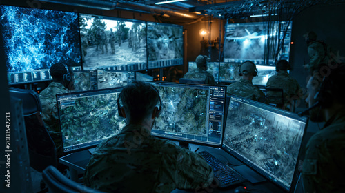 A ground control station with operators monitoring multiple drone feeds on large digital screens, dark room with blue holographic glow, cyber warfare concept