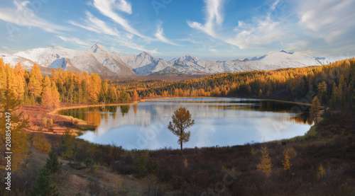 Panoramic view of the forest lake, Altai, Siberia. Bright autumn day. Taiga, beautiful sky and reflection in the water.