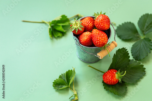 Fresh strawberries spilling from metal bucket on green background