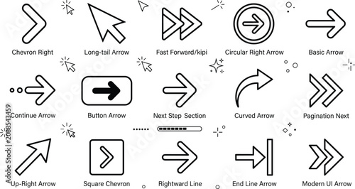 Konstfotografi UI navigation arrow line art icons with chevron cursor button next page and fast