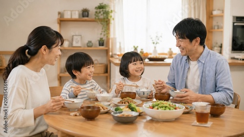 食卓を囲んで食事を楽しむ日本人家族