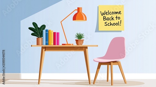Welcome back to school office desk setup illustration